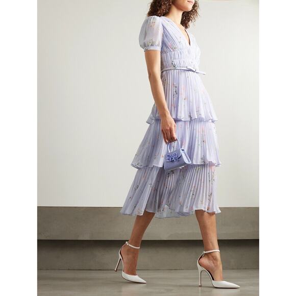 SELF-PORTRAIT‎ Belted pleated Floral Print Chiffon Midi Dress Size 12 NWT - Picture 5 of 12